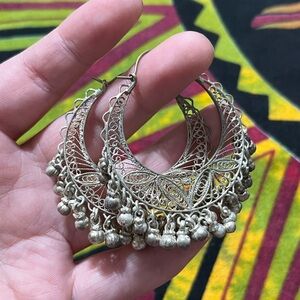 VTG Bali Style Jhumka Silver Tone Metal Filigree Pierced Earrings